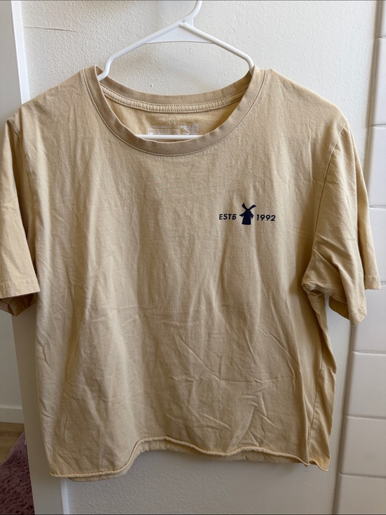 Dutch Bros Tops - Dutch Bros Cropped Beige Graphic Tee with Navy Logo